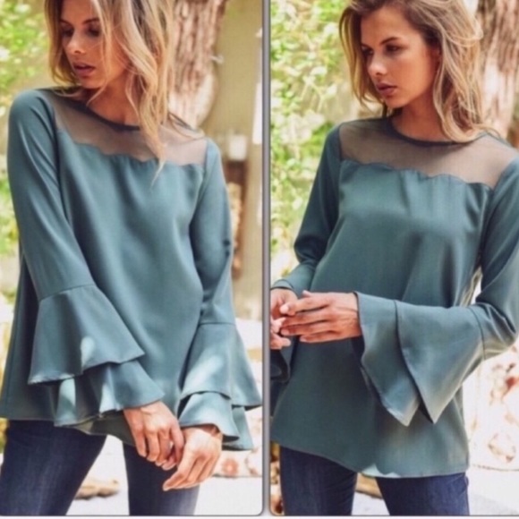 Kale Bell Sleeve and Scalloped Hem Blouse